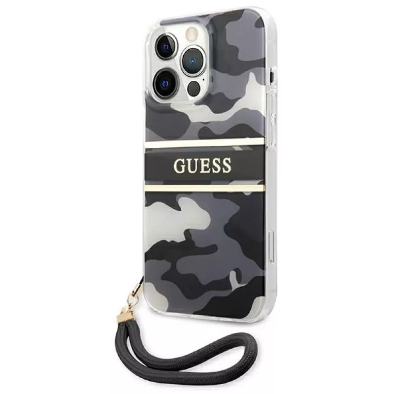 Guess GUHCP13XKCABBK iPhone 13 Pro Max Capa rígida Camo Strap Collection Preta