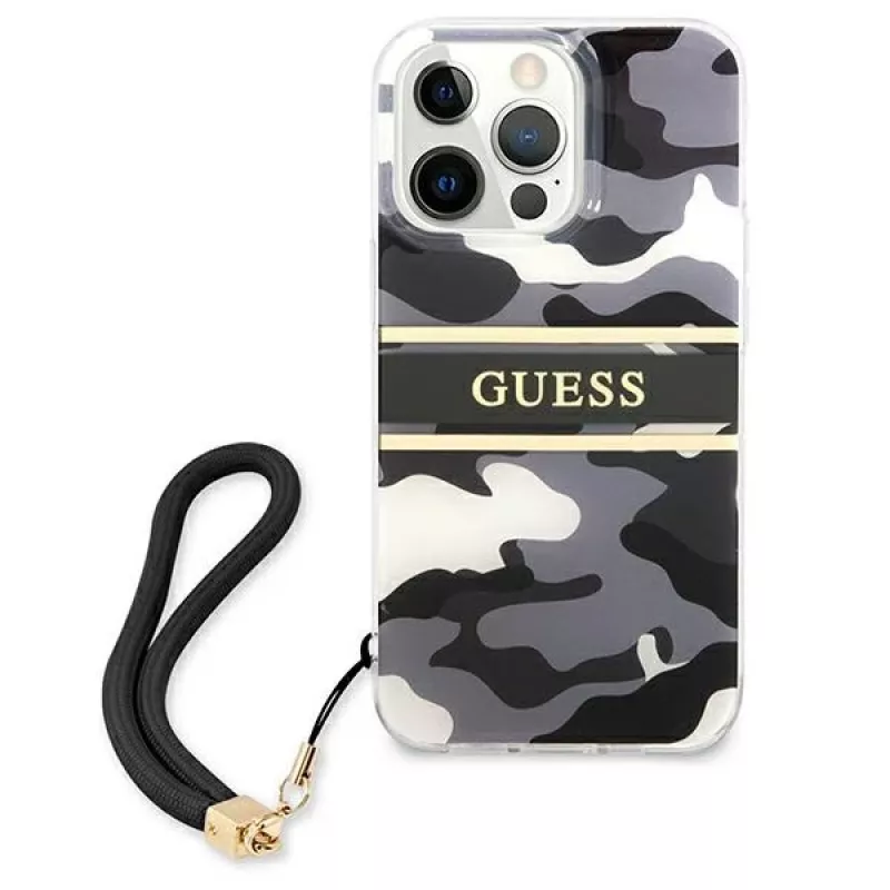 Guess GUHCP13XKCABBK iPhone 13 Pro Max Capa rígida Camo Strap Collection Preta