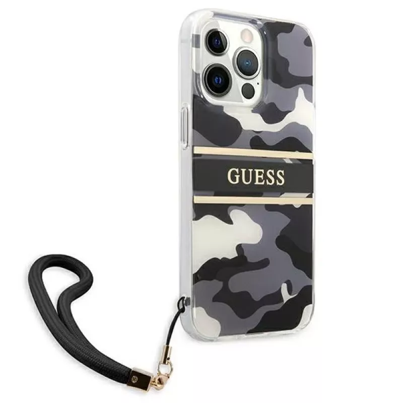 Guess GUHCP13XKCABBK iPhone 13 Pro Max Capa rígida Camo Strap Collection Preta