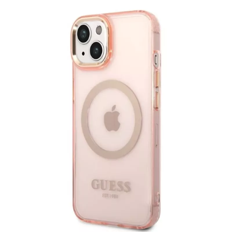 Guess Capa rígida translúcida MagSafe Gold Outline para iPhone 13/14/15 6,1 inch rosa