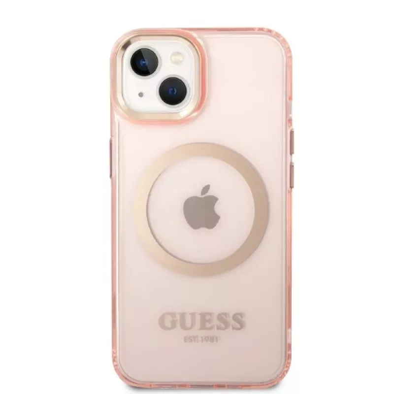 Guess Capa rígida translúcida MagSafe Gold Outline para iPhone 13/14/15 6,1 inch rosa