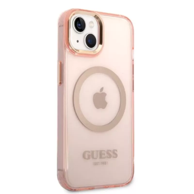 Guess Capa rígida translúcida MagSafe Gold Outline para iPhone 13/14/15 6,1 inch rosa