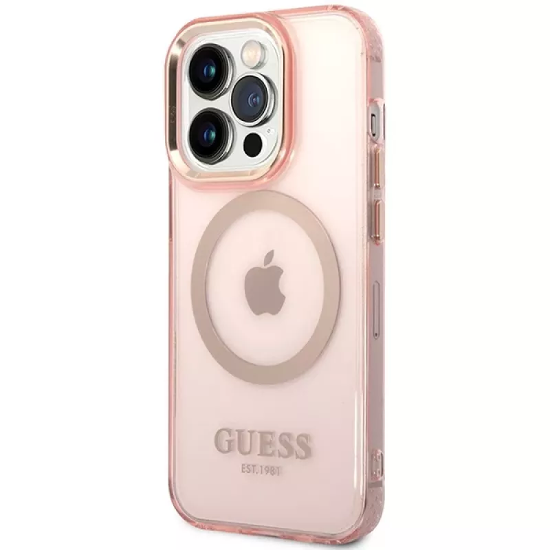 Guess Capa rígida translúcida MagSafe Gold Outline para iPhone 14 Pro Max 6,7
