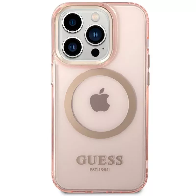 Guess Capa rígida translúcida MagSafe Gold Outline para iPhone 14 Pro Max 6,7