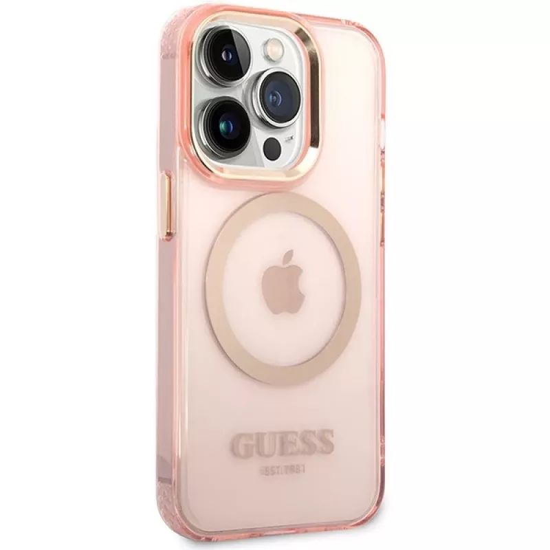 Guess Capa rígida translúcida MagSafe Gold Outline para iPhone 14 Pro Max 6,7