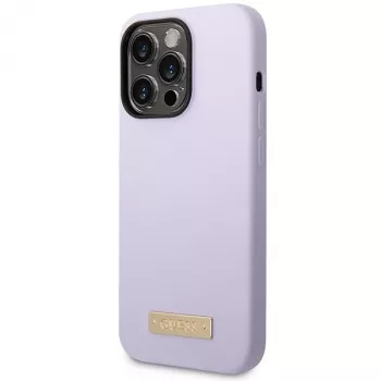 Guess GUHMP14LSBPLU Capa rígida de silicone com placa de logótipo para Apple iPhone 14 Pro 6,1 inch - roxa, compatível com MagSafe