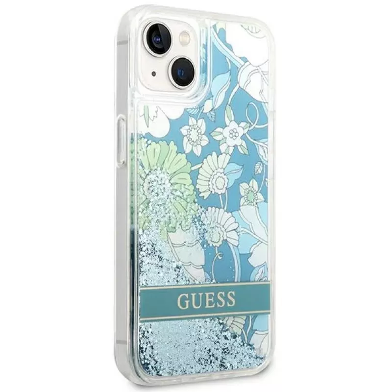 Guess GUHCP14SLFLSN Capa rígida Flower Liquid Glitter para Apple iPhone 13 / 14 / 15 6,1 inch - verde
