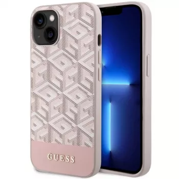 GUESS Capa rígida para iPhone 13/14/15 rosa GCube Stripes MagSafe