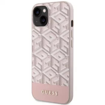 GUESS Capa rígida para iPhone 13/14/15 rosa GCube Stripes MagSafe