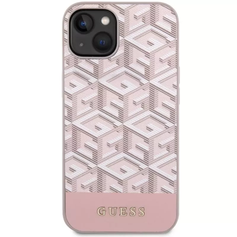 GUESS Capa rígida para iPhone 13/14/15 rosa GCube Stripes MagSafe