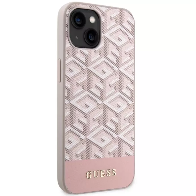 GUESS Capa rígida para iPhone 13/14/15 rosa GCube Stripes MagSafe