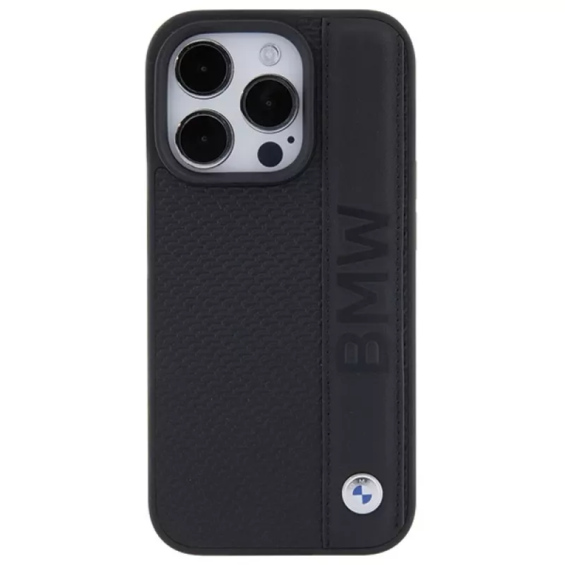 Capa rígida em pele BMW M Collection para iPhone 15 Pro Max 6,7 inch preta com textura e riscas