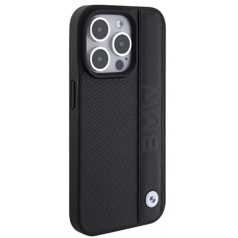 Capa rígida em pele BMW M Collection para iPhone 15 Pro Max 6,7 inch preta com textura e riscas