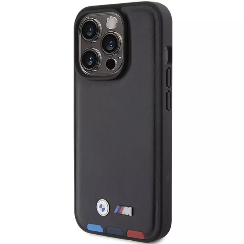 Capa BMW Leather Stamp Tricolor para iPhone 15 Pro 6,1