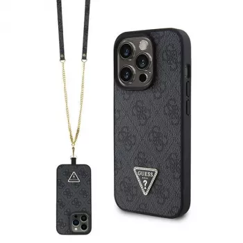 Capa em metal com strass GUESS PU 4G Triangle + alça para iPhone 15 Pro preta