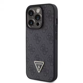 Capa em metal com strass GUESS PU 4G Triangle + alça para iPhone 15 Pro preta
