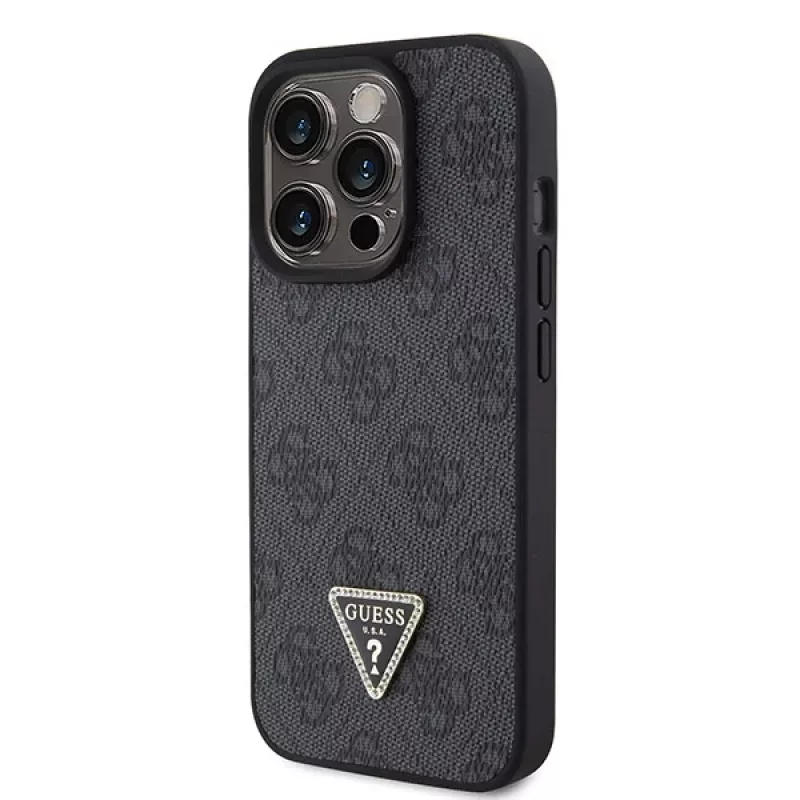 Capa em metal com strass GUESS PU 4G Triangle + alça para iPhone 15 Pro preta
