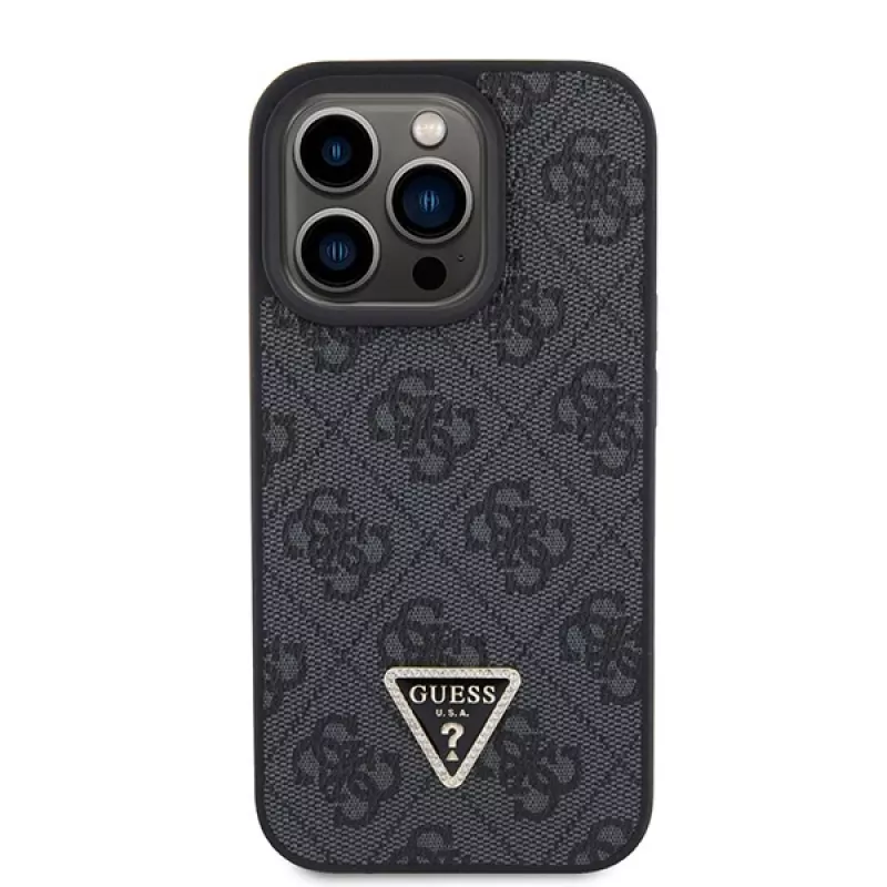 Capa em metal com strass GUESS PU 4G Triangle + alça para iPhone 15 Pro preta