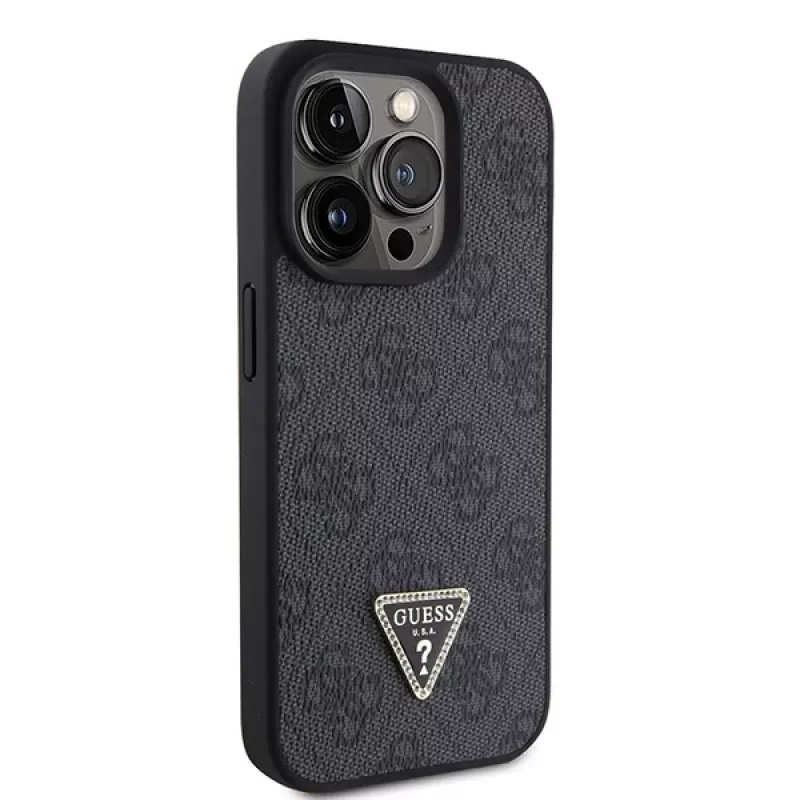 Capa em metal com strass GUESS PU 4G Triangle + alça para iPhone 15 Pro preta