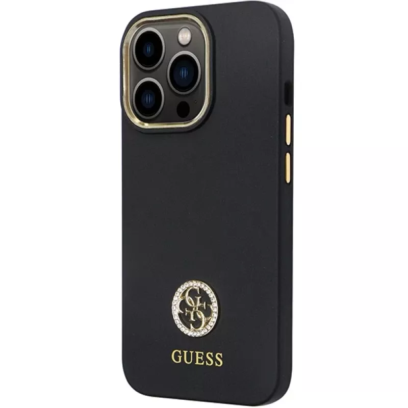 Capa rígida em silicone Guess GUHCP13LM4DGPK para iPhone 13 Pro / 13 com logótipo e strass 4G preta