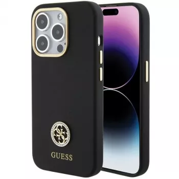 Capa rígida em silicone Guess GUHCP15LM4DGPK para iPhone 15 Pro 6.1 preta com logótipo e strass 4G