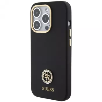 Capa rígida em silicone Guess GUHCP15LM4DGPK para iPhone 15 Pro 6.1 preta com logótipo e strass 4G