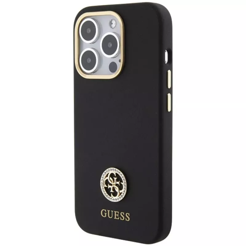 Capa rígida em silicone Guess GUHCP15LM4DGPK para iPhone 15 Pro 6.1 preta com logótipo e strass 4G