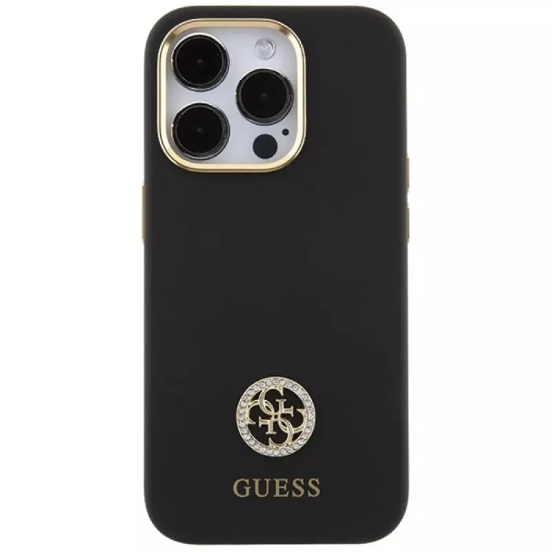 Capa rígida em silicone Guess GUHCP15LM4DGPK para iPhone 15 Pro 6.1 preta com logótipo e strass 4G