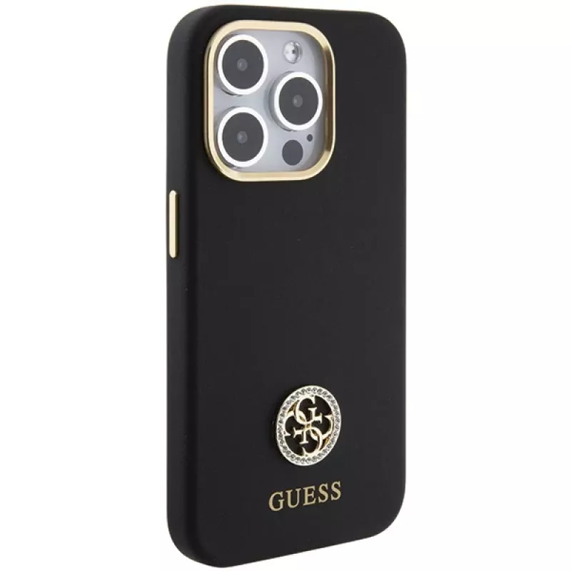 Capa rígida em silicone Guess GUHCP15LM4DGPK para iPhone 15 Pro 6.1 preta com logótipo e strass 4G