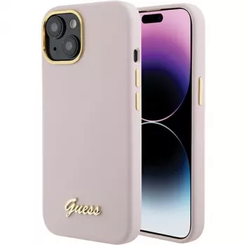 Capa rígida em silicone Guess GUHCP15SSMBSLP com logótipo e moldura em metal Script para Apple iPhone 15 / 14 / 13 6,1