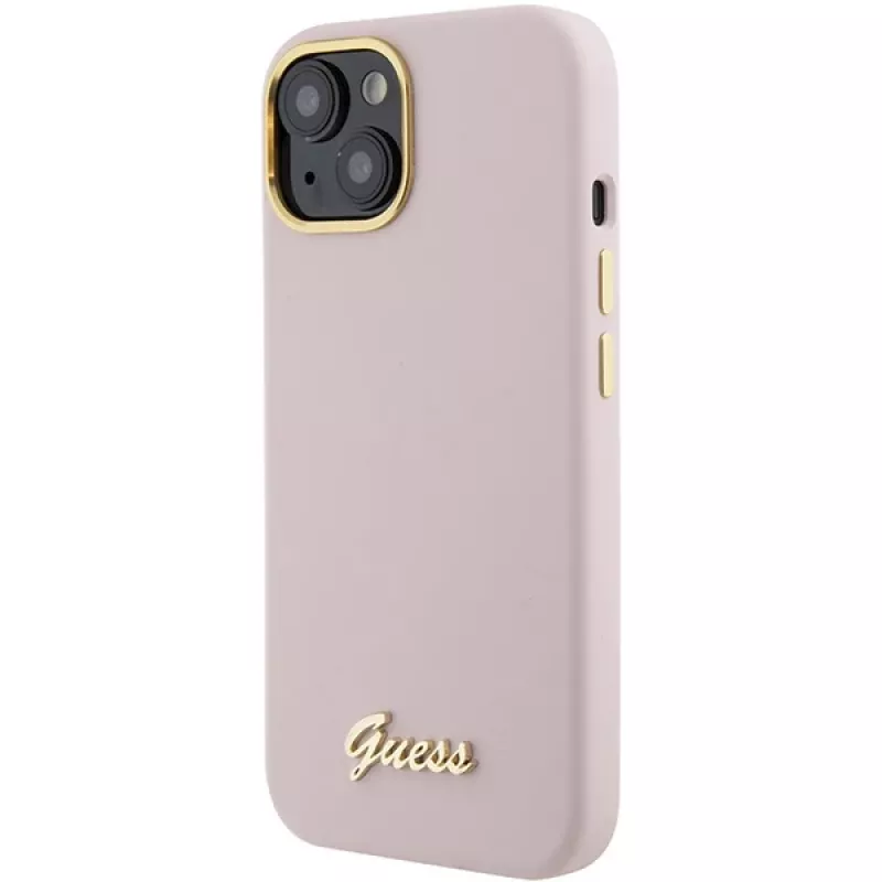 Capa rígida em silicone Guess GUHCP15SSMBSLP com logótipo e moldura em metal Script para Apple iPhone 15 / 14 / 13 6,1
