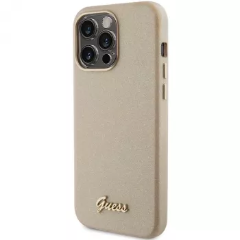 Capa rígida Guess Glitter Glossy Script para iPhone 15 Pro 6,1 inch dourado claro