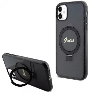 Capa rígida Guess GUHMN61HRSGSK iPhone 11 / XR 6.1 preta com anel de suporte Script Glitter MagSafe