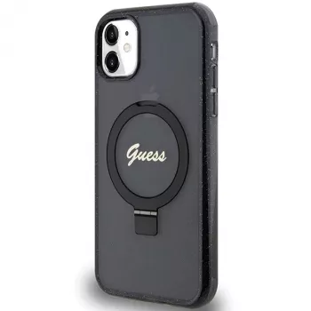 Capa rígida Guess GUHMN61HRSGSK iPhone 11 / XR 6.1 preta com anel de suporte Script Glitter MagSafe