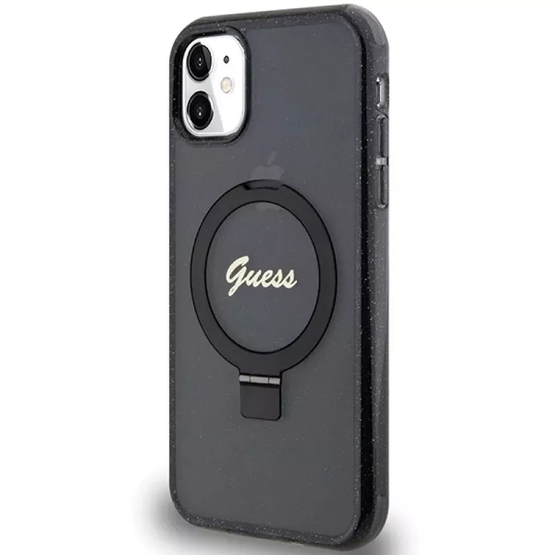 Capa rígida Guess GUHMN61HRSGSK iPhone 11 / XR 6.1 preta com anel de suporte Script Glitter MagSafe