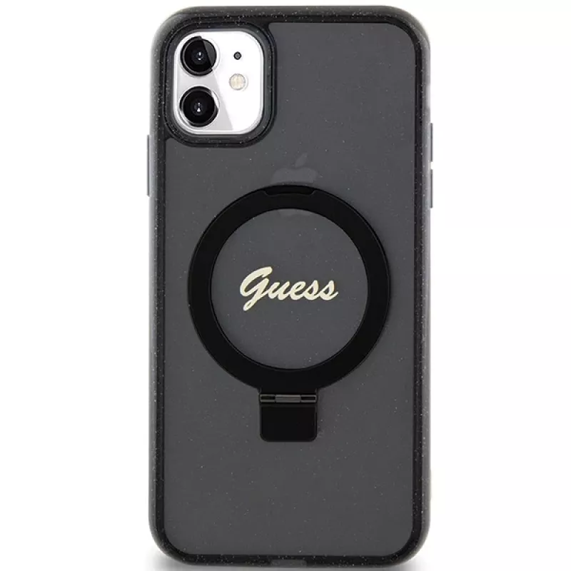 Capa rígida Guess GUHMN61HRSGSK iPhone 11 / XR 6.1 preta com anel de suporte Script Glitter MagSafe