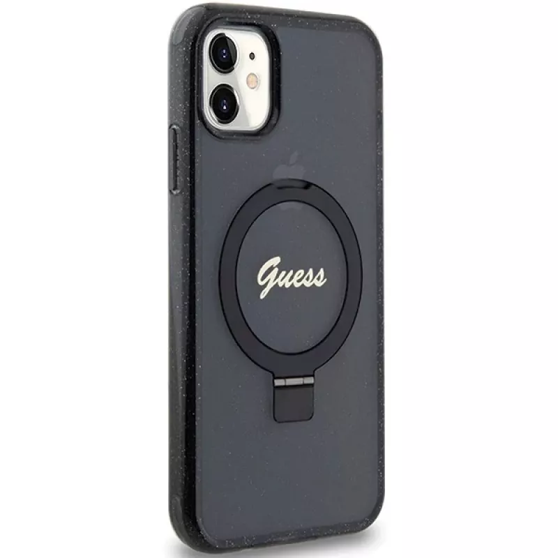 Capa rígida Guess GUHMN61HRSGSK iPhone 11 / XR 6.1 preta com anel de suporte Script Glitter MagSafe