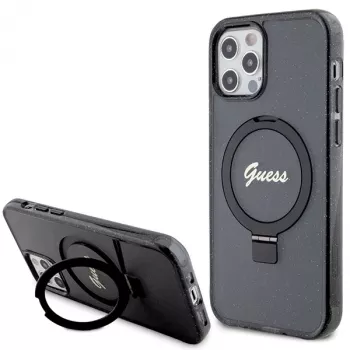 Capa rígida Guess GUHMP12MHRSGSK iPhone 12/12 Pro 6.1 com anel de suporte Script Glitter MagSafe preta