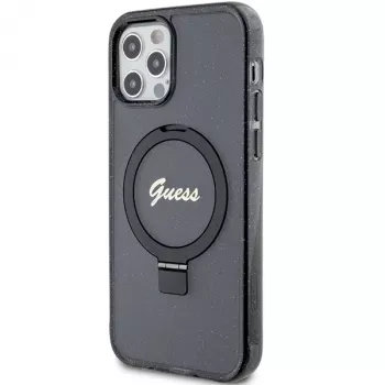 Capa rígida Guess GUHMP12MHRSGSK iPhone 12/12 Pro 6.1 com anel de suporte Script Glitter MagSafe preta