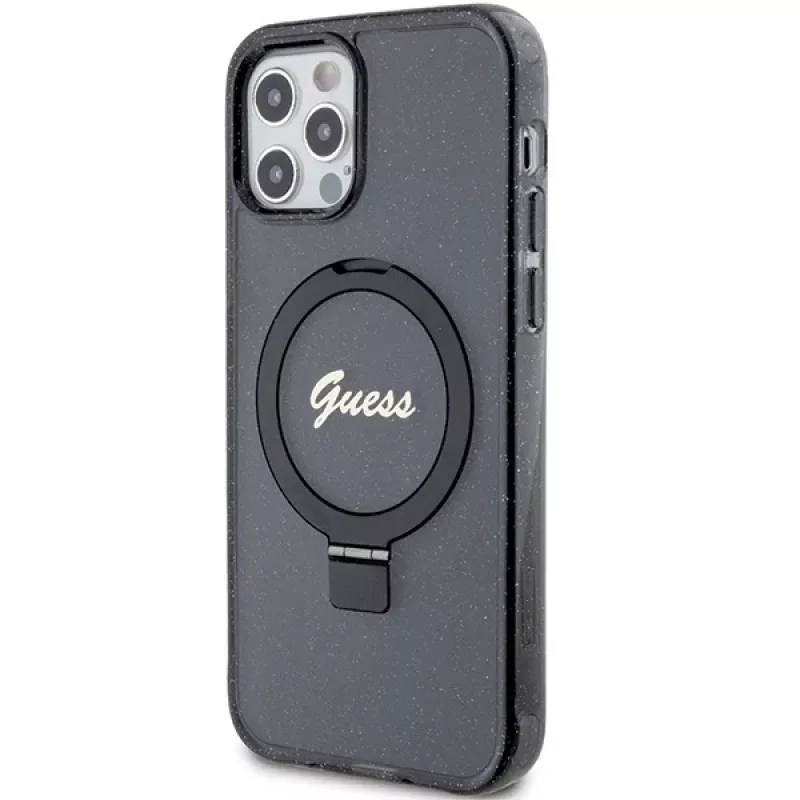Capa rígida Guess GUHMP12MHRSGSK iPhone 12/12 Pro 6.1 com anel de suporte Script Glitter MagSafe preta