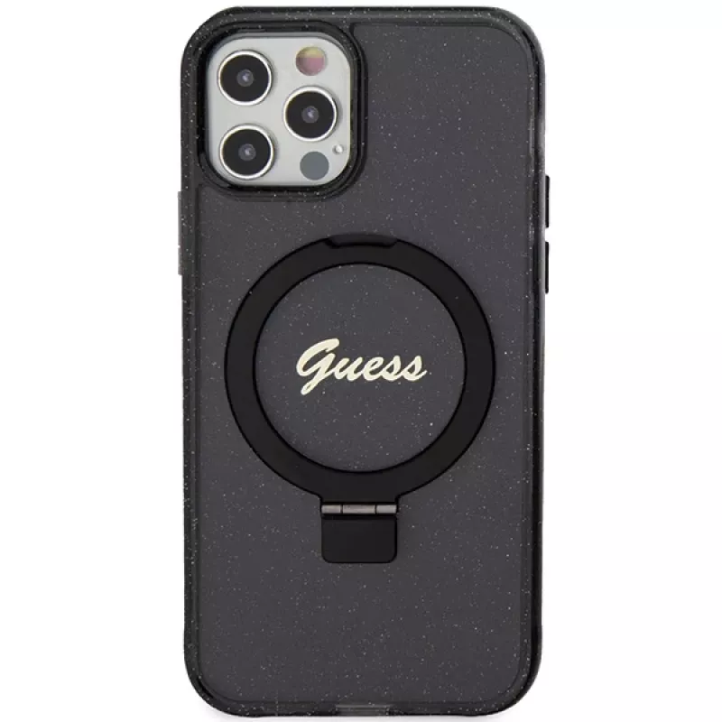 Capa rígida Guess GUHMP12MHRSGSK iPhone 12/12 Pro 6.1 com anel de suporte Script Glitter MagSafe preta