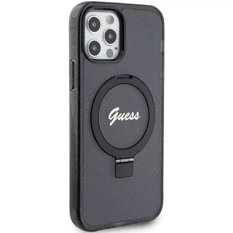 Capa rígida Guess GUHMP12MHRSGSK iPhone 12/12 Pro 6.1 com anel de suporte Script Glitter MagSafe preta
