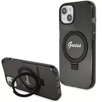 Capa rígida Guess GUHMP13MHRSGSK iPhone 13/14/15 6,1 polegadas preta com anel de suporte, Script Glitter, MagSafe
