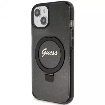 Capa rígida Guess GUHMP13MHRSGSK iPhone 13/14/15 6,1 polegadas preta com anel de suporte, Script Glitter, MagSafe