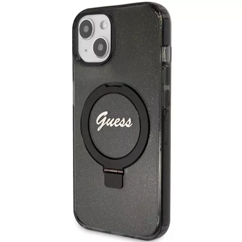 Capa rígida Guess GUHMP13MHRSGSK iPhone 13/14/15 6,1 polegadas preta com anel de suporte, Script Glitter, MagSafe