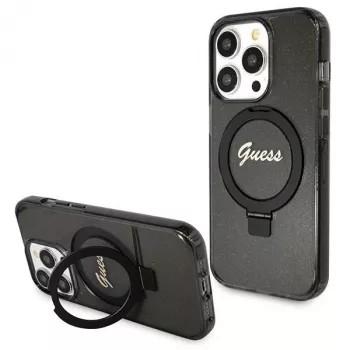 Capa rígida Guess Script Glitter Collection com anel de suporte MagSafe para iPhone 13 Pro / 13 6.1 preta