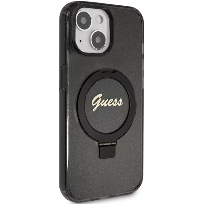 Capa rígida Guess GUHMP14SHRSGSK iPhone 14 / 15 / 13 6,1 polegadas preta com anel de suporte Script Glitter MagSafe