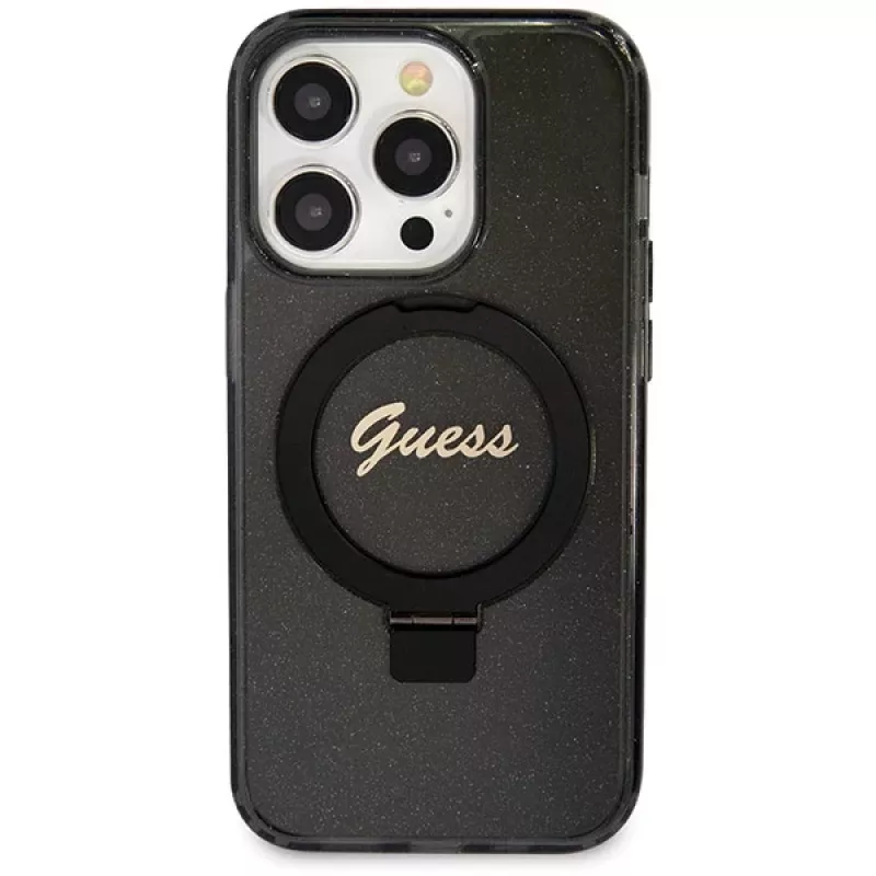 Capa rígida Guess GUHMP14LHRSGSK iPhone 14 Pro 6.1 com anel de suporte Script Glitter MagSafe preta
