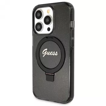 Capa rígida Guess GUHMP14XHRSGSK iPhone 14 Pro Max 6.7 preta com anel de suporte Script Glitter MagSafe