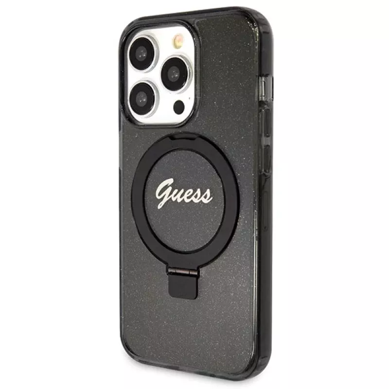 Capa rígida Guess GUHMP14XHRSGSK iPhone 14 Pro Max 6.7 preta com anel de suporte Script Glitter MagSafe